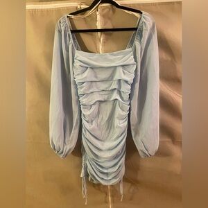 Hello Molly Blue Long Sleeve Ruched Mesh Square Neck Bodycon Dress